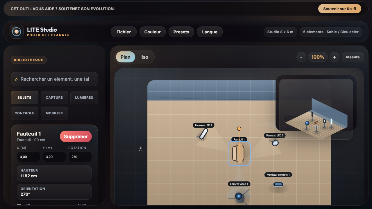 Preset de entrevista con camara, paneles LED e interfaz actual de Lumiere Studio